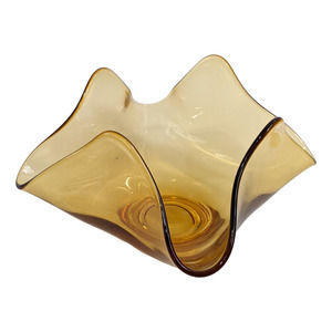 Vintage MCM Amber Ruffled Handkerchief Glass Bowl, Mid Century Decor Art Glass